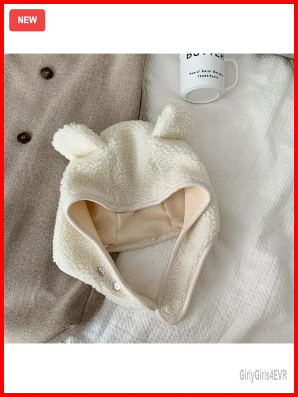 Fleece Beanie Hat with Magnetic Buckle Ear Projection Cute Bear Design